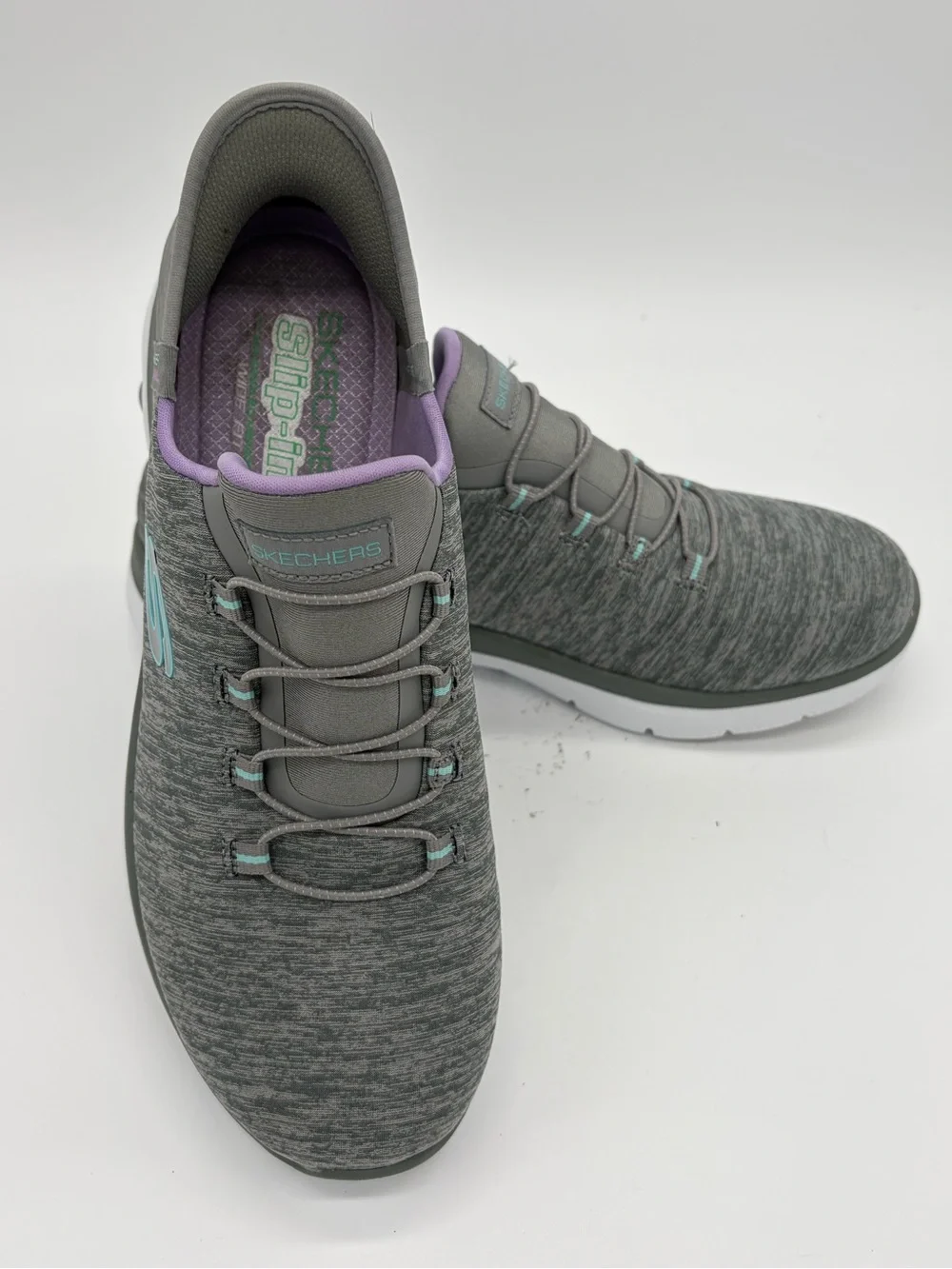Skechers Women's Gray Slip-On Athletic Sneakers with Lavender and Teal Accents